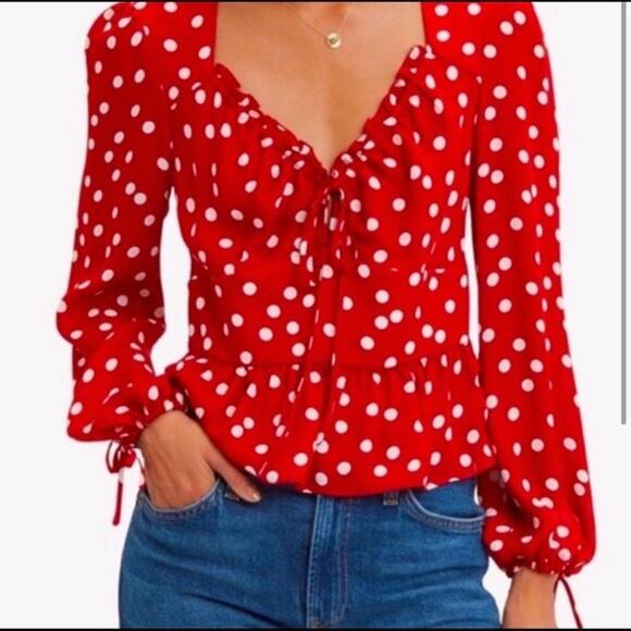 Intermix Red White Polka Dot Peplum Blouse Long Sleeve Coquette Women’s Size 4 - Picture 1 of 4